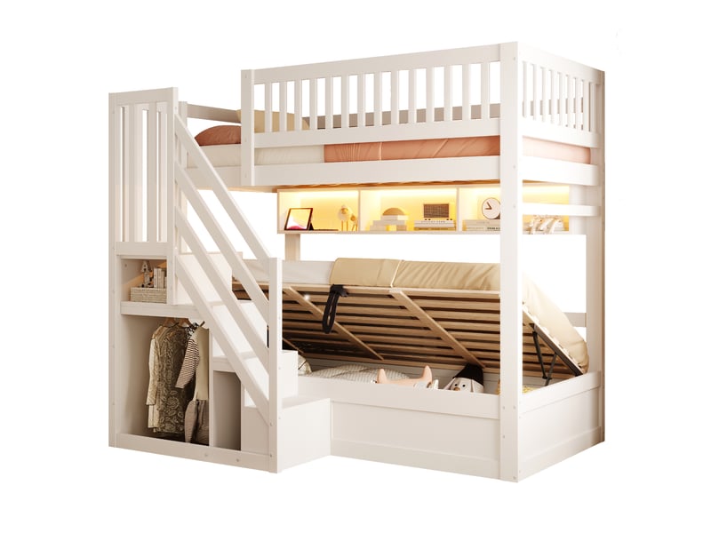  Lit mezzanine 90x200 cm en bois avec escalier de rangement, led, prises usb, coffre hydraulique et garde-corps sécurisé - blanc  - Conforama A