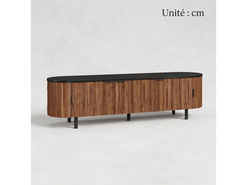 Meuble tv noyer 170 cm en mdf avec 5 portes à façade rainurée et bords arrondis  - Conforama C