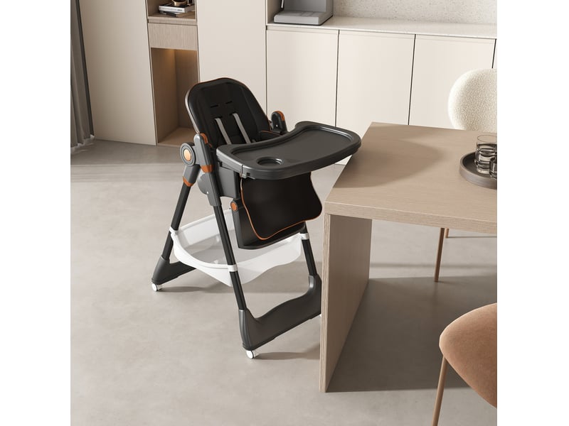  Chaise haute bébé pliable réglable avec harnais 5 points, roulettes verrouillables, en polypropylène noir  - Conforama B