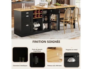 Îlot de cuisine extensible noir,avec 3 tiroirs et table à manger,rotation 360°, casier à vin, pliable, solide,mdf et métal,120x40x74cm