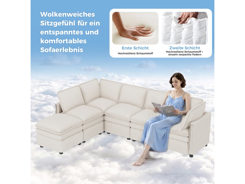  Canapé modulable xxl 6 places en tissu chenille beige avec pouf  - Conforama D