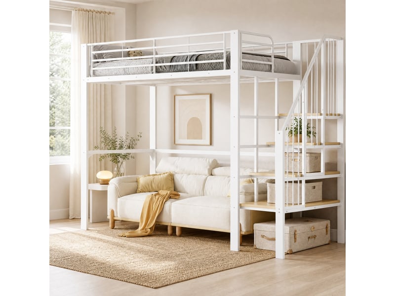  Lit mezzanine 90x200 cm avec escalier et rangement coloris blanc  - Conforama D