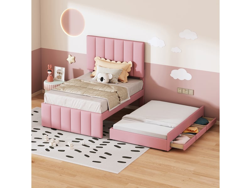  Lit capitonné 90 x 200 cm avec lit gigogne et tiroirs de rangement, lin doux, rose, sans matelas  - Conforama C