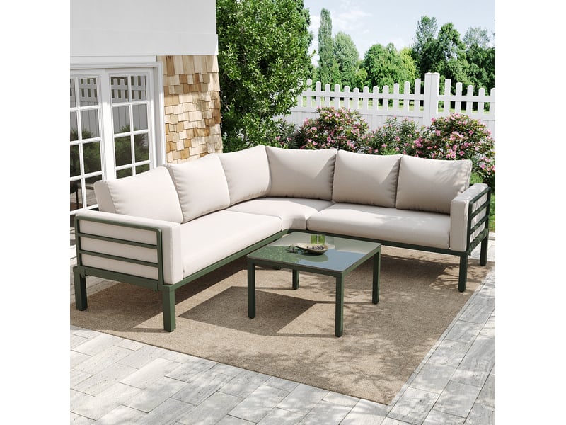  Canapé fauteuil salon extérieur table 4 5 places fer galvanisé verre trempé beige homvra  - Conforama B