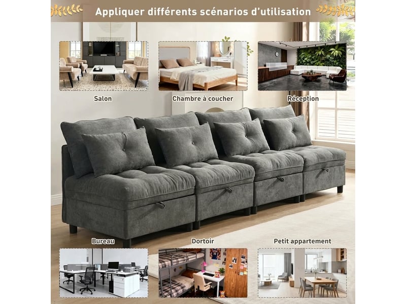  Canapé modulable 4 places avec rangement et fonction convertible gris antique  - Conforama D