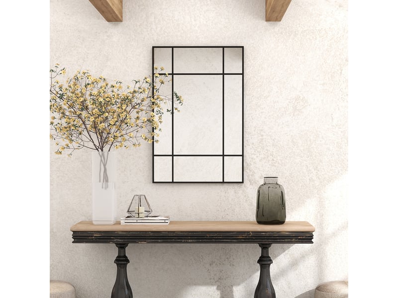  Miroir mural verrière rectangulaire style fenêtre, en métal noir - 90x60 cm, horizontal ou vertical avec 4 crochets  - Conforama W