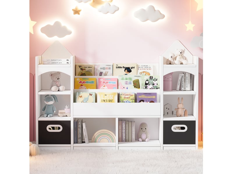  Bibliothèque enfant 130x30x90 cm, rangement, 2 boîtes pliables, salon, bureau et chambre, style château, mdf, blanc  - Conforama B