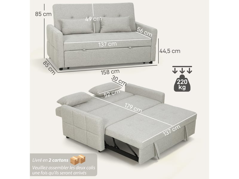  Canapé convertible 2 places 3 en 1, canapé-lit clic-clac, lit gigogne, dossier réglable, marron clair, 158x85x85cm  - Conforama C