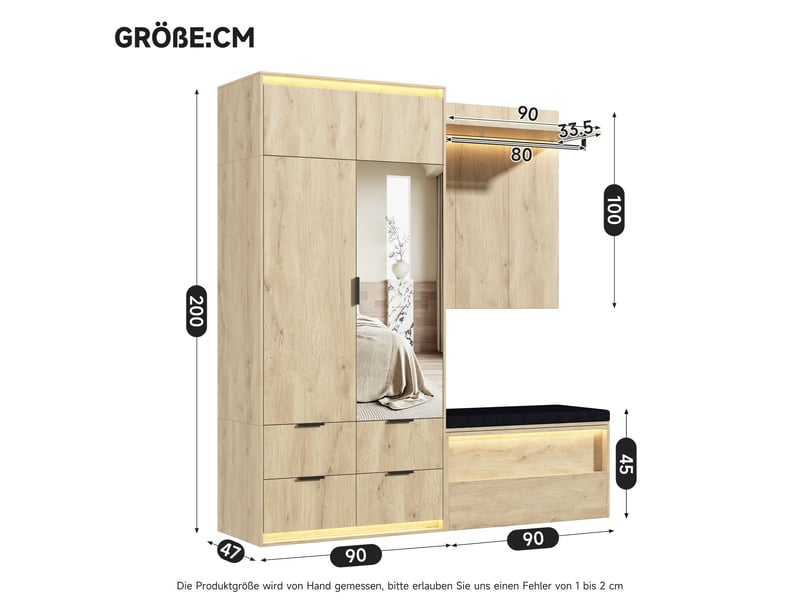 Vestiaire d'entrée complet avec miroir et led 180x47x200 cm - 2 penderies 4 tiroirs - Conforama C