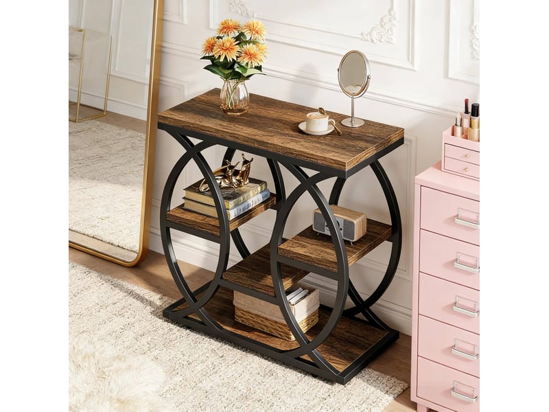  Table basse avec étagères superposées et rangements ouverts, structure métal et bois, marron, pour salon et entrée  - Conforama C