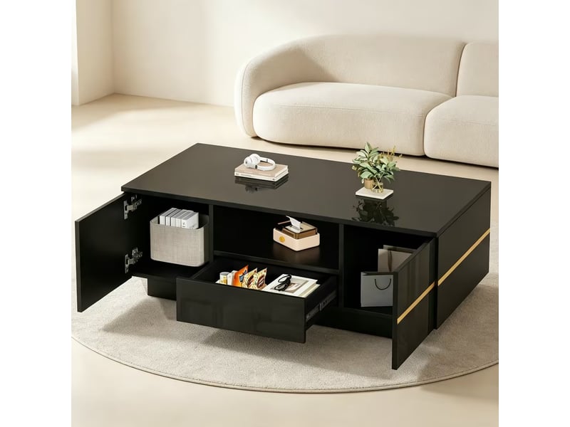  Table basse moderne avec éclairage led, rangement semi-ouvert et 2 portes, charge jusqu’à 30 kg, noir et accents dorés, 100x50x35.5 cm  - Conforama E