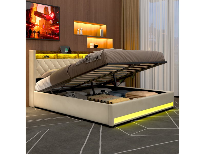  Lit coffre adulte 180x200 cm rembourré, revêtement en velours résistant aux taches, structure en mdf et fer, beige  - Conforama D