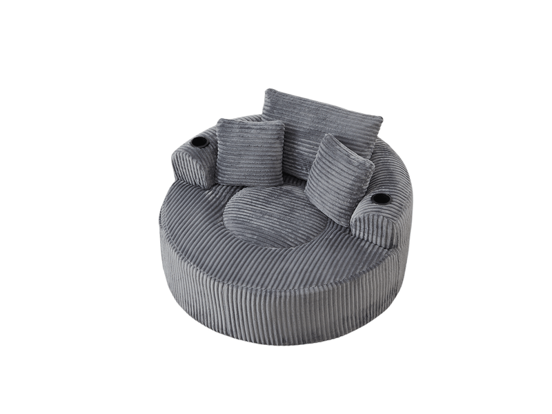  Fauteuil lounge rond en velours côtelé avec 3 coussins, 2 porte-gobelets et poche latérale  - Conforama D