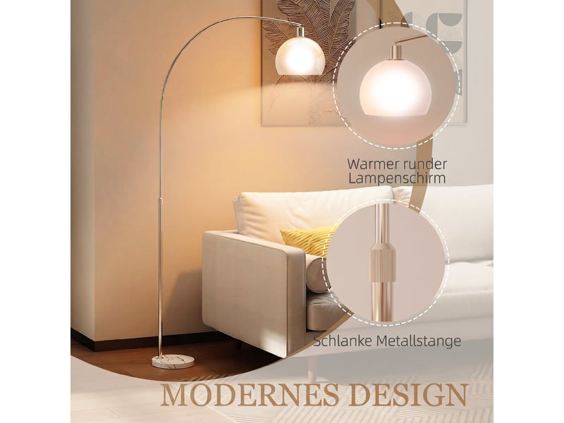  Lampadaire, tête incurvée, interrupteur au pied, base en marbre, abat-jour en plastique, blanc  - Conforama D
