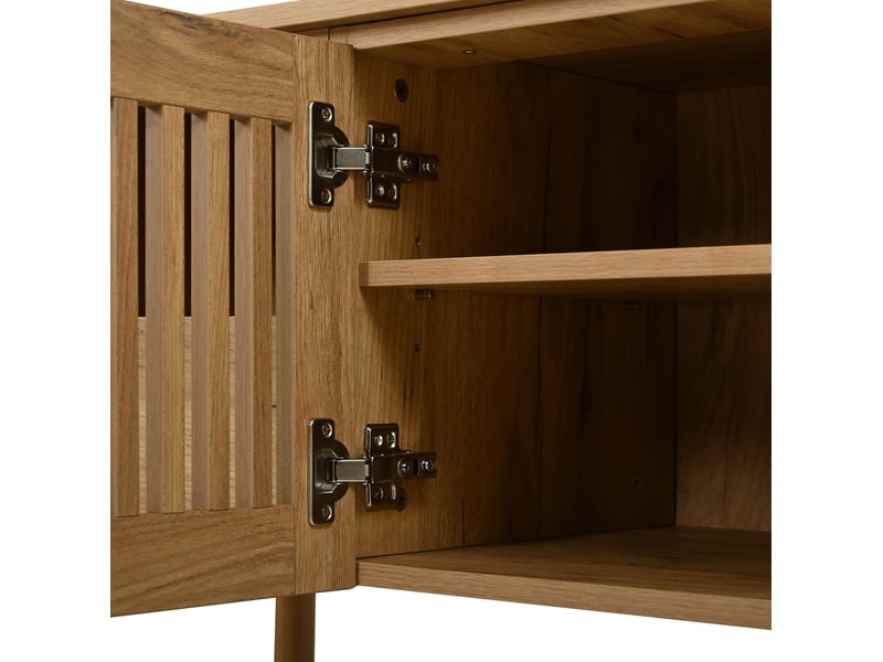  Meuble tv 180 cm en mdf bois clair, 2 portes grillagées, 2 tiroirs et niches ouvertes, tv jusqu’à environ 75 pouces  - Conforama D