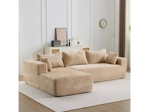 Canapé d'angle, transformable en lit, assise extra profonde, en velours côtelé, coloris beige, l279 x p179 x h83 cm, design moderne