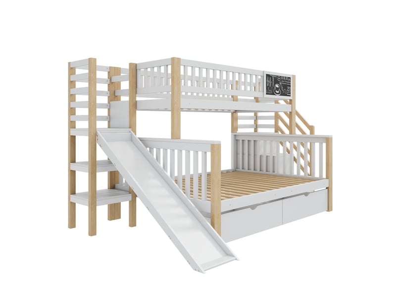  Lit cabane, lit enfant, lit superposé, lit enfant multifonctionnel avec escalier et rangements, toboggan et petit tableau noir, 140 x 200 cm et 90 x 200 cm, blanc  - Conforama E