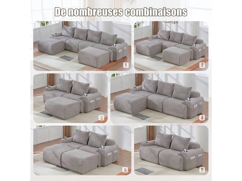 Canapé modulaire 3 places en velours côtelé gris clair - 268 x 174 x 80 cm, avec rangement - Conforama W