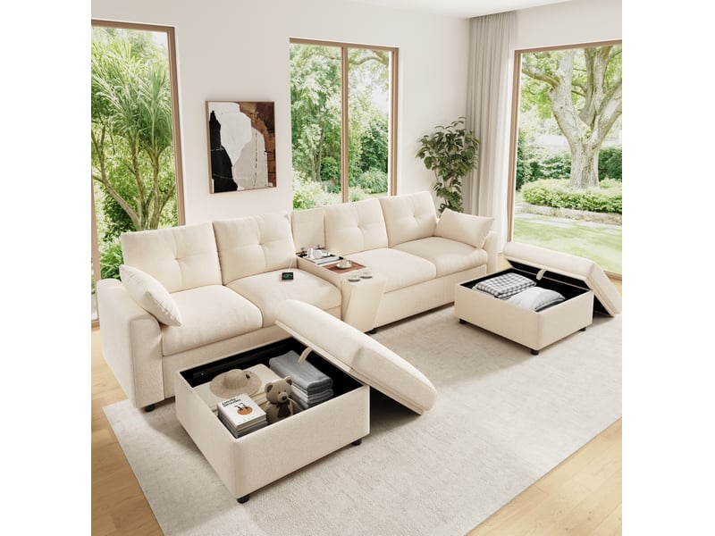  Canapé d'angle modulable 6 places u ou l avec 2 poufs coffres, console avec usb et type-c en chenille beige  - Conforama B