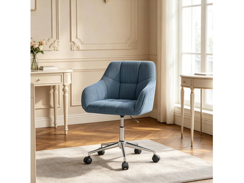  Chaise de bureau pivotante bleue en velours côtelé, réglable et à roulettes  - Conforama D
