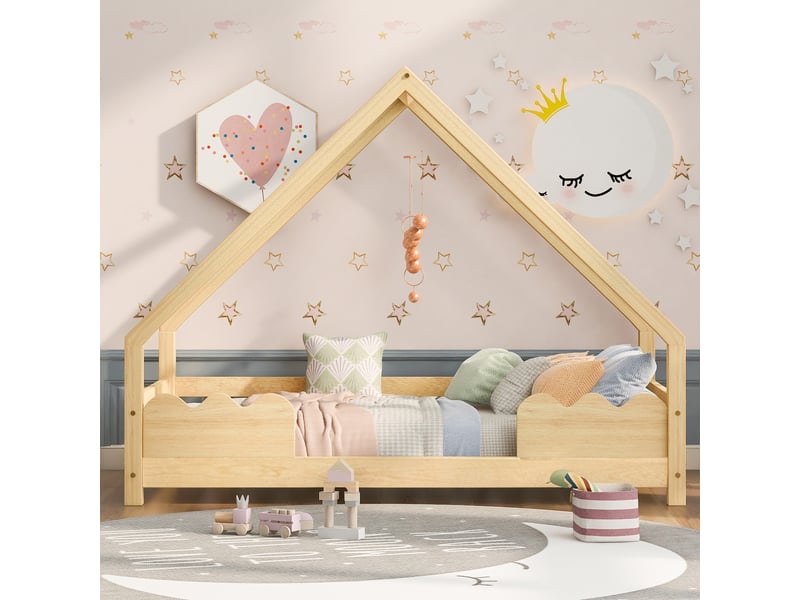  Lit maison enfant 90x200cm en bois massif avec barrière sécurité, lit à jouer, adolescent, naturel, sans matelas  - Conforama E