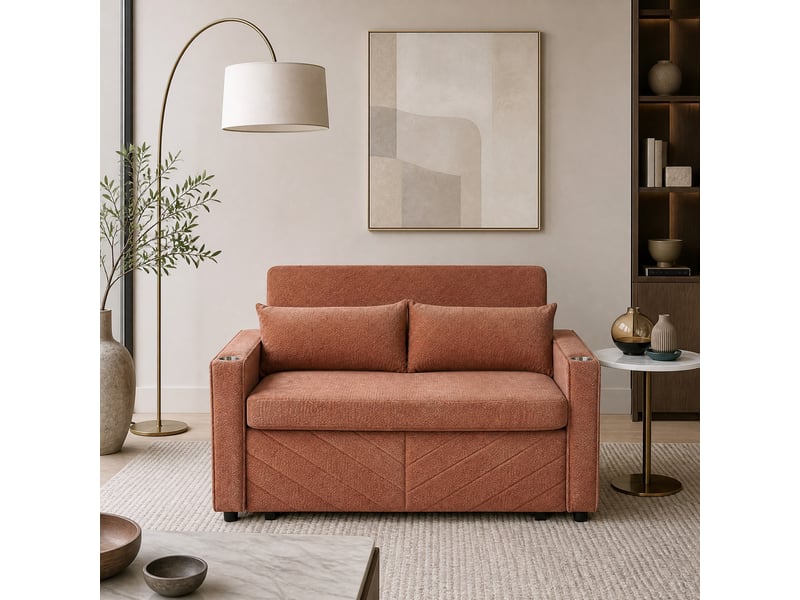 Canapé droit convertible 2 places orange avec usb, système coulissant 3-en-1 pour salon et chambre d'amis - Conforama B