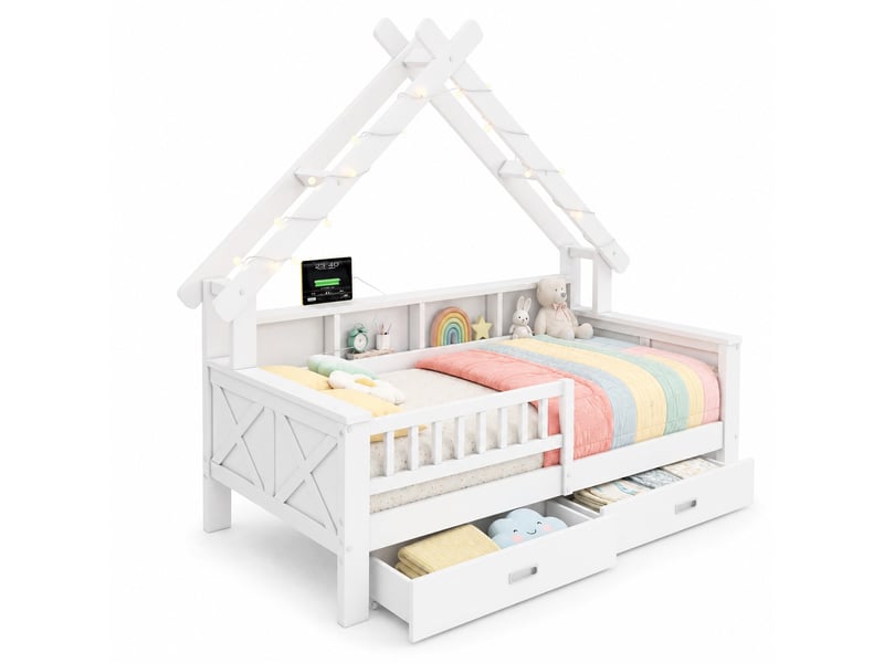  Lit pour enfant cabane, 90x200 cm, lit maison, avec led, barrière de sécurité, matelas non inclus, mdf, coloris blanc  - Conforama A