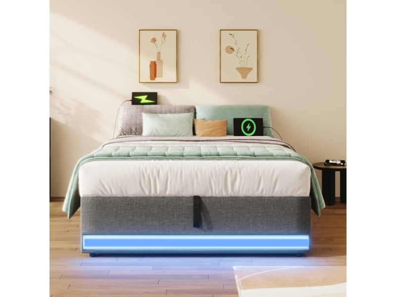  Lit capitonné gris 90x200 led usb-c, rangements hydrauliques, poches, sans tête-de-lit, sans matelas  - Conforama B