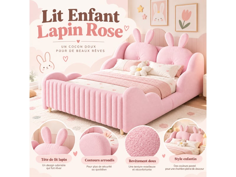  Lit enfant capitonné 140x200 cm rose en tissu bouclé, tête de lit coussin lapin et barrières nuage, sans matelas  - Conforama B