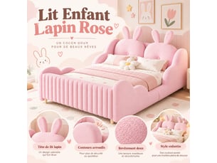 Lit enfant capitonné 140x200 cm rose en tissu bouclé, tête de lit coussin lapin et barrières nuage, sans matelas