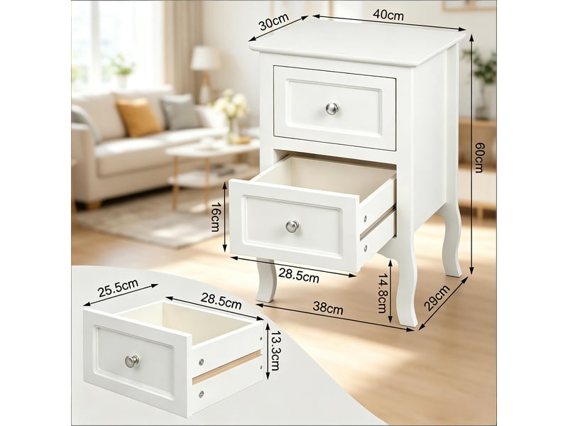  Table de chevet avec 2 tiroirs et poignées métal pour chambre en mdf 40×30×60 cm blanche  - Conforama E