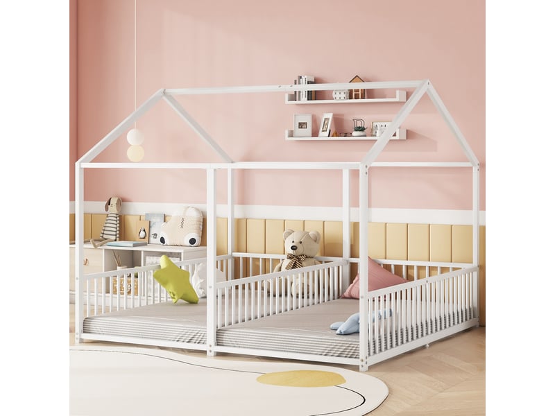  Lit métallique enfant 90*200cm, forme maison, garde-corps, échelle, sans matelas, blanc, cadre en fer  - Conforama C