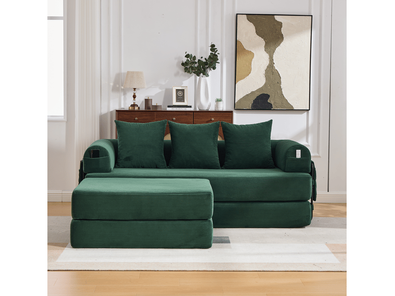  Canapé modulable 3 places modenvie en velours côtelé vert émeraude avec pouf et poche latérale 200 x 190 cm  - Conforama B