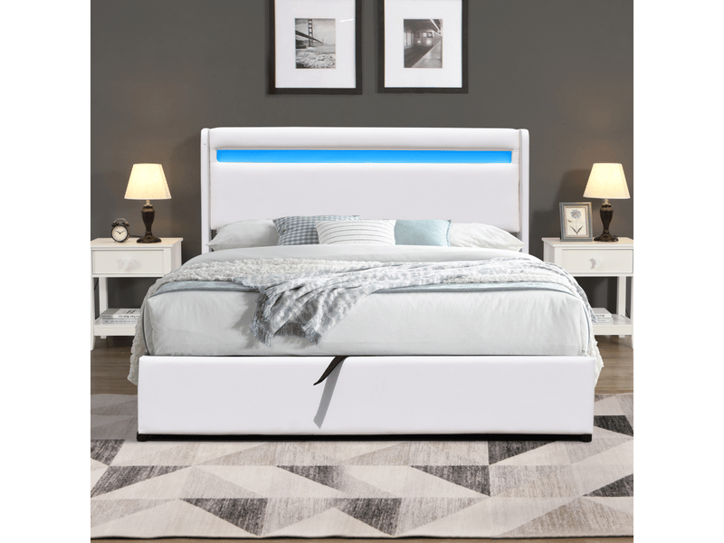 Lit coffre 120x190 cm blanc - tête de lit led - 12 lattes - montage rapide - design moderne - rangement pratique - Conforama E