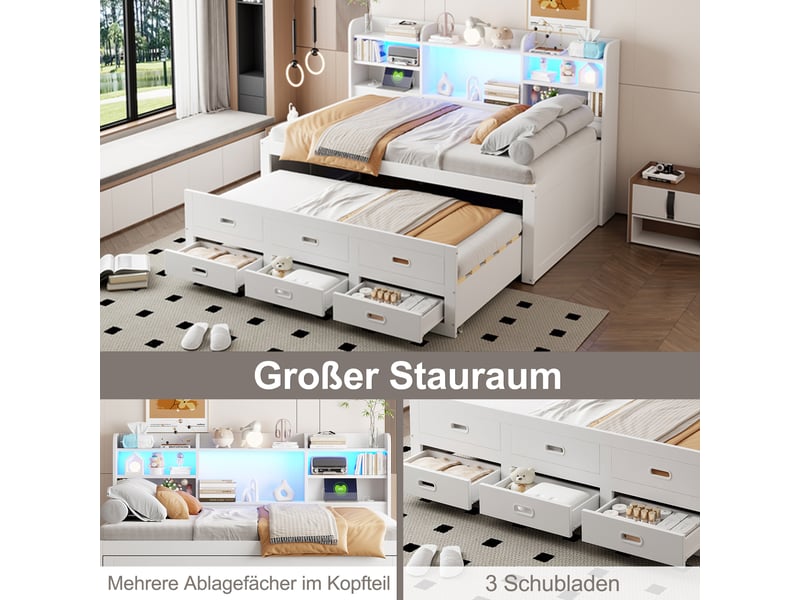  Lit gigogne 90x200 banquette blanc avec led, 3 tiroirs et port usbtype-c  - Conforama E