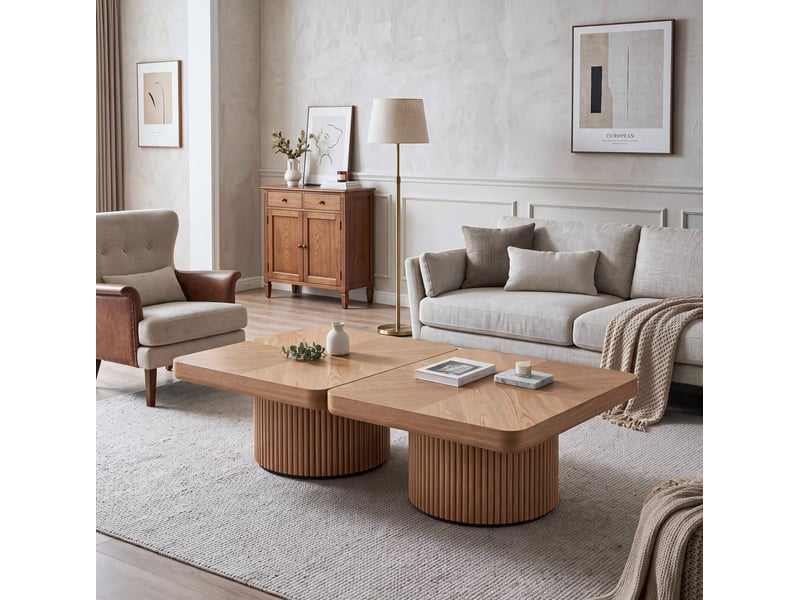  Table basse ulevr carrée 78 x 78 cm, plateau arrondi épais, piètement cylindrique rainuré, bois et mdf naturel  - Conforama B