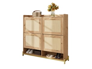 Meuble à chaussures 108,5x24x100 cm, 4 portes effet rotin, cadre métal et plateau supérieur, rangement pour entrée et couloir - bois