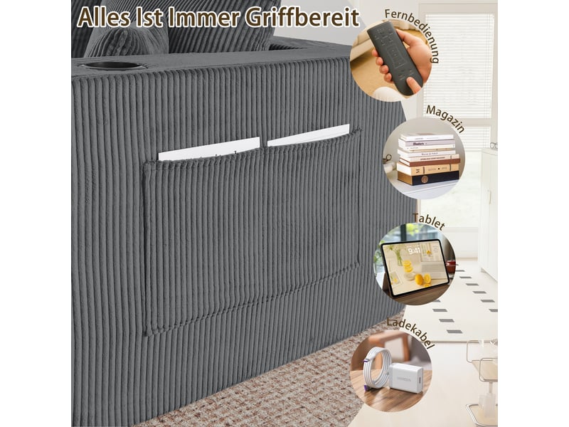  Canapé d'angle modulable 3 places en velours côtelé gris, avec 2 poufs, porte-gobelets, rangements, 300 kg  - Conforama R