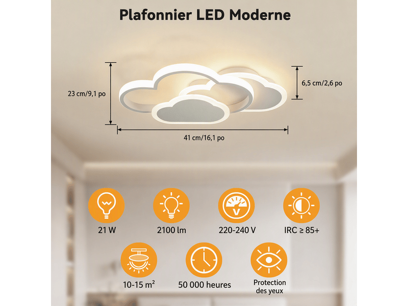 Plafonnier led dimmable design nuage 41x23x6,5 cm, lampe de plafond moderne 21w 2100 lm, blanc sable, pour salon, cuisine et bureau - Conforama C