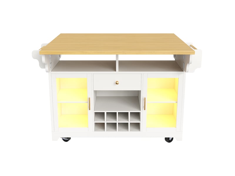 Desserte roulante blanche avec éclairage led rgb, plateau extensible et porte-bouteilles mobile - Conforama A