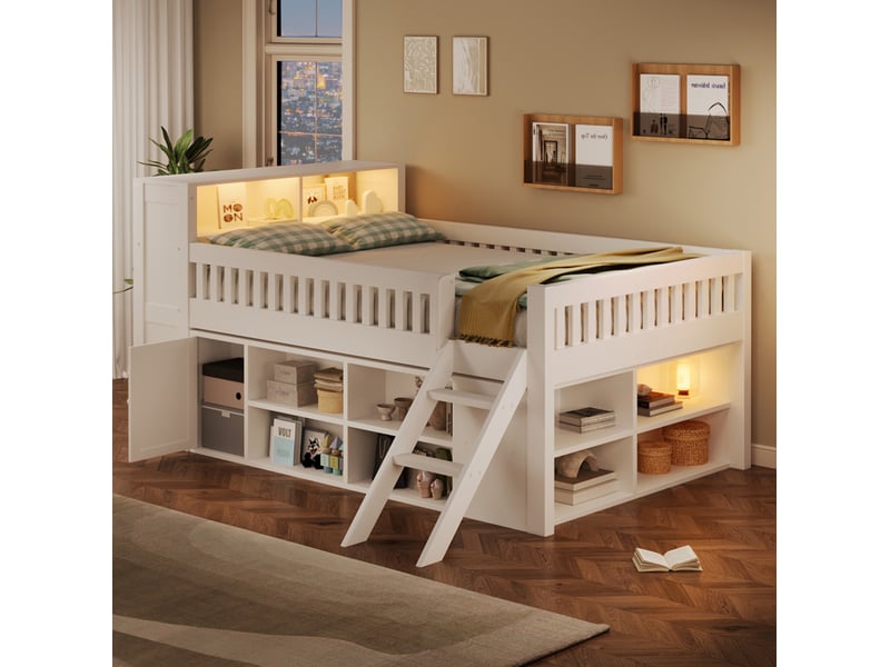  Lit mezzanine 140x200 cm avec éclairage led et rangement, mdf et bois, couleur blanc, sans matelas  - Conforama D