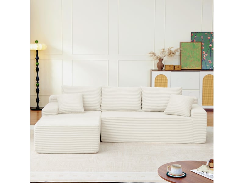  Canapé d’angle modulable 4 places en velours côtelé beige, 239x156x79 cm  - Conforama B