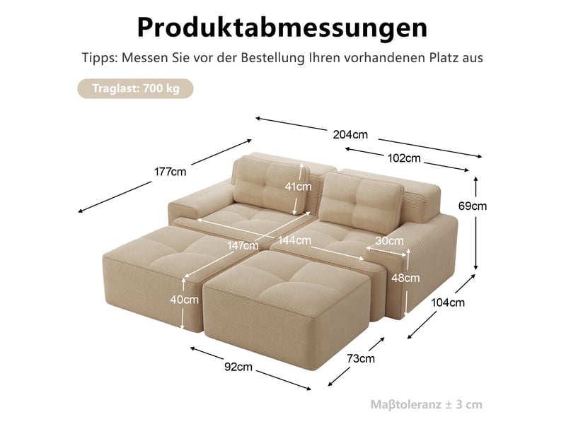  Canapé modulable 2 places avec ottoman en velours côtelé beige  - Conforama E