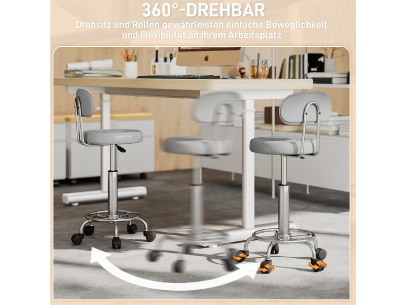  Tabouret roulant pivotant réglable avec dossier, revêtement en cuir synthétique, repose-pieds, pour table de maquillage, gris  - Conforama D