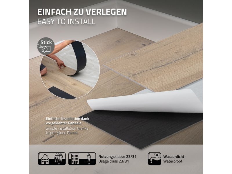  Ml-design lames pvc adhésives effet chêne rustique clair, revêtement de sol en vinyle autocollant, imitation parquet, imperméable, installation facile, 91,5 cm x 15,3 cm x 2 mm, 48 pièces 6,69 m² ECD Germany GmbH - Conforama E
