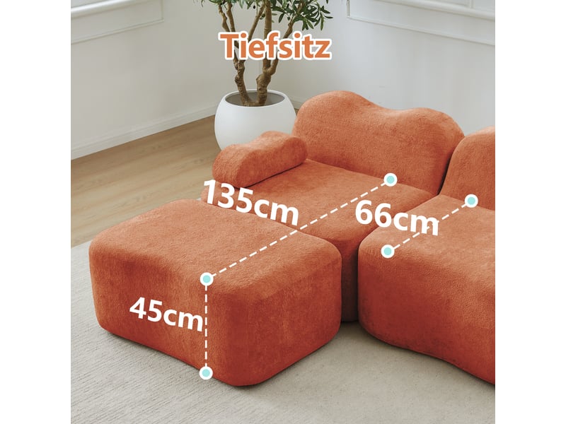  Canapé d'angle, canapé modulable, 3 places, avec pouf, avec accoudoirs, sans cadre, mousse haute densité, orange, assise profonde  - Conforama W