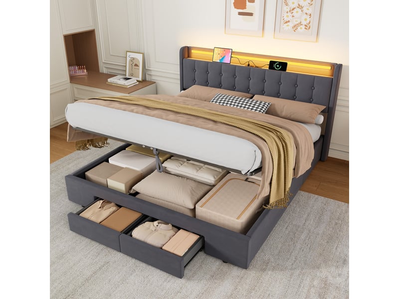 Lit rembourré 180x200 avec led, usb et 2 tiroirs de rangement cravdom - Conforama B