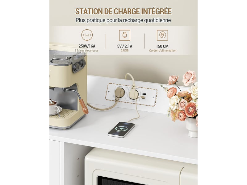  Meuble cuisine,avec plan, travail étagère pour micro-ondes, prise, 3 tiroirs et 2 portes,blanc  - Conforama E