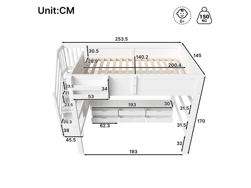  Lit mezzanine en bois, 140 x 200 cm, avec 6 tiroirs, grand espace de rangement sous le lit et escalier avec rangements intégrés, blanc  - Conforama C
