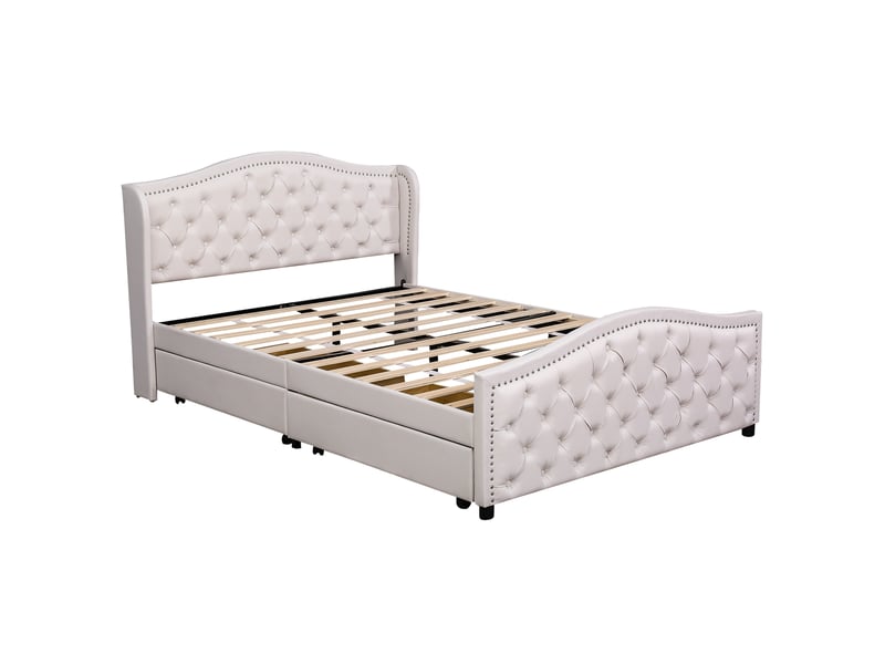  Lit double 160x200 cm bois et similicuir blanc - tête capitonnée - 2 tiroirs  - Conforama D